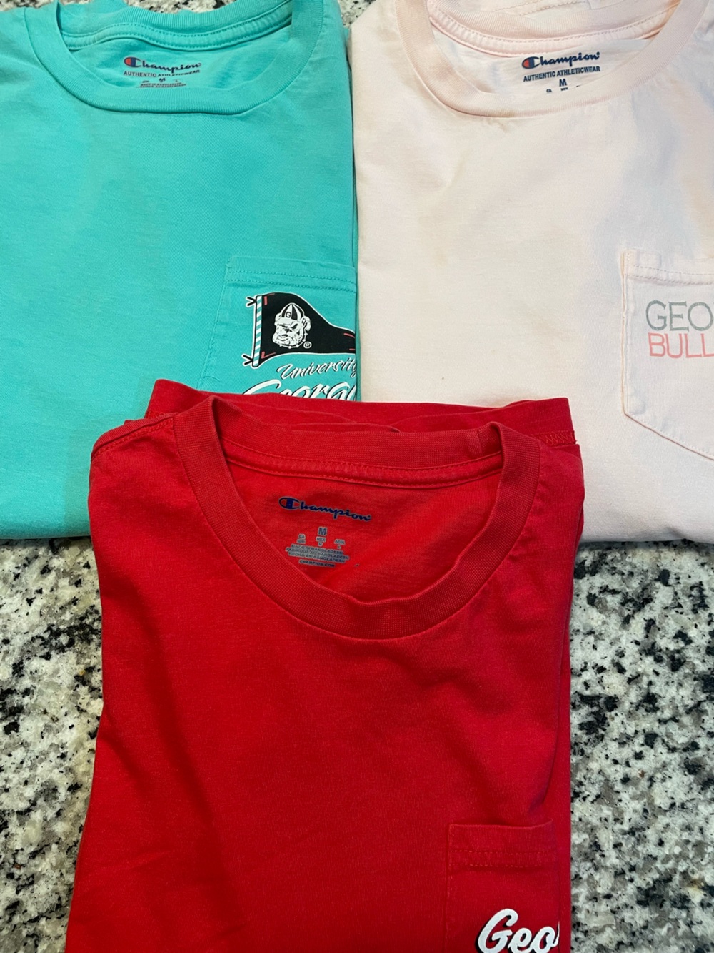 Champion women’s bundle of 3 Red, Teal & Light Pink long sleeve Pocket Tee Trio